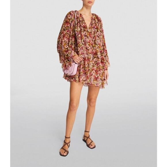 NWT DǑEN Women's Pink Floral Idette Tiered Ruffle Silk-Georgette Mini Dress XS - Picture 1 of 16